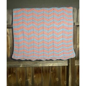 Vintage Crocheted Afghan Throw Blanket 70”x 36”Handmade Chevron Baby Blue Pink